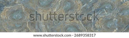 multicolour marble of wavy, concentric layers and stratification in a rich palette of deep slate blues, smoky greys, and earthy browns, accented by fine, flowing veins of pale gold or cream