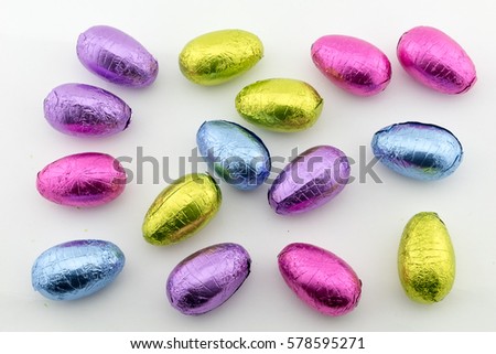 Multi-coloured foil covered chocolate Easter eggs