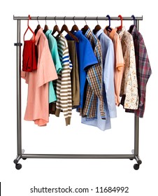 The Multi-coloured  Men's Clothes Hangs On A Hanger On White  Background