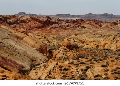 Multicoloured view of the different rock types of the Valley of Fire state Park. Nevada, at Rainbow vista.