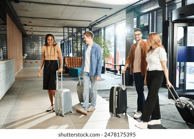 Multicultural colleagues with luggage gather in hotel lobby during corporate trip. Diverse businesspeople in casual clothes. - Powered by Shutterstock