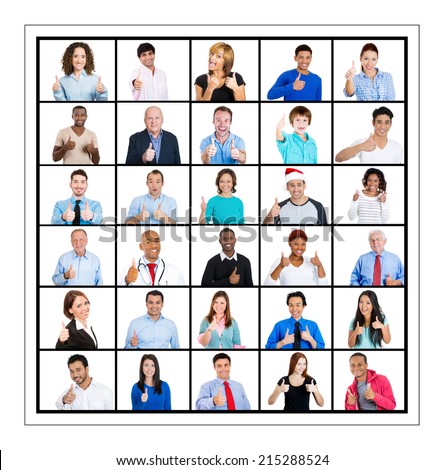 Multicultural different age generation ethnic group collage group people, business men women, elderly young showing thumbs up sign isolated white background. Positive emotion facial expression feeling
