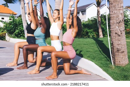 Multicultural Female In Active Wear Doing Exercises With Professional Trainer Keeping Body Positive Lifestyle,sporty Women In Tracksuit Enjoying Sunny Workout Together Feeling Vitality And Flexibility