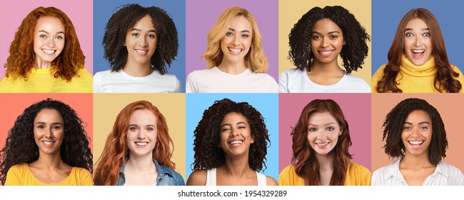 Multicultural Females Beauty. Collage With Headshots Of Happy Diverse Women Smiling To Camera Posing On Different Colorful Studio Backgrounds. Row Of Cheerful Ladies Portraits And Avatars, Panorama