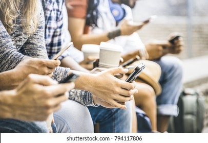 Multicultural friends group using smartphone with coffee at university college break - People hands addicted by mobile smart phone - Technology concept with connected trendy millennials - Filter image