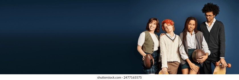 Multicultural friends and a nonbinary person stand together in stylish attire against a dark blue background.