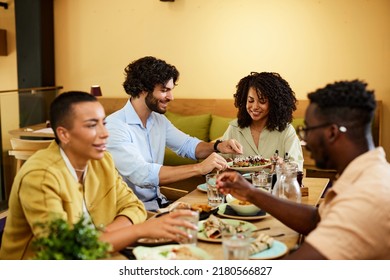 Multicultural Friends Sitting Restaurant Eating Food Stock Photo ...