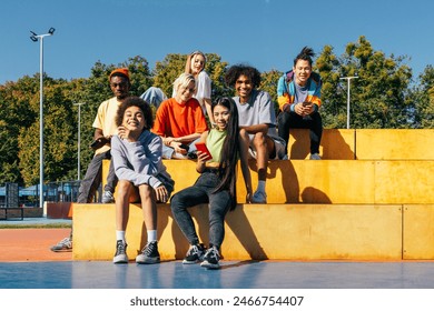Multicultural group of young friends bonding outdoors and having fun - Stylish cool teens gathering at urban skate park - Powered by Shutterstock