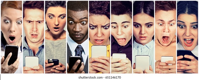 Multicultural Group Of Young People Men And Women Looking Shocked At Mobile Phone 