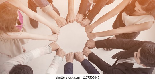 Multicultural Hands Synergy Brainstorm Business Man Woman In Circle Top View Background. Support Helping Teamwork Together International Diversity Harmony Education And People Concept Panoramic Banner