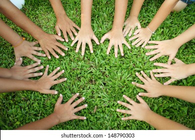 Multicultural Hands, Ulticultural Children And Adult Hands. Friendship Happiness Leisure Partnership Team, People Support Help Concept 