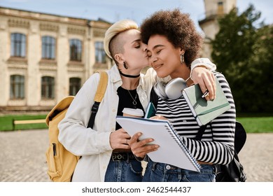 A multicultural lesbian couple in stylish clothing share a tender kiss in front of a building on a university campus. - Powered by Shutterstock