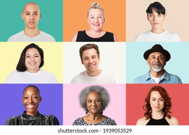 Multicultural people closeup portrait on colorful background set
