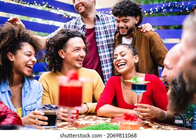 Multicultural People Having Genuine Fun Moment At Fancy Cocktail Bar Patio - Beverage Life Style Concept With Friends Laughing Together On Happy Hour At Sidewalk Restaurant Cafe - Bright Vivid Filter