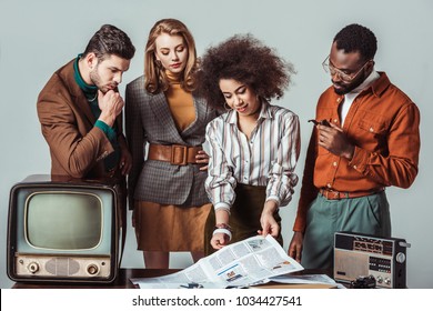 Multicultural Retro Styled Journalists In Newsroom Isolated On Grey