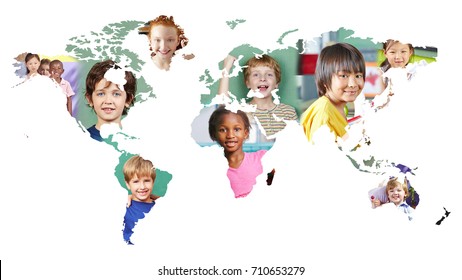 Multicultural world map with many different kids as integration concept