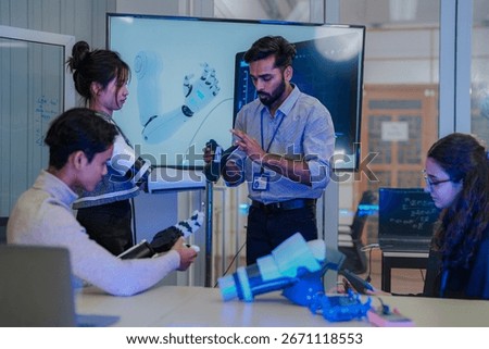 A multidisciplinary team in an agile RD session for a bionic limb. They assemble prototypes while analyzing real-time biomechanical data, integrating hardware with a predictive AI.