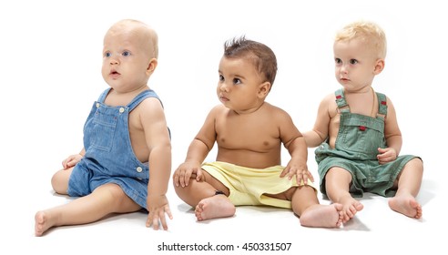 Multiethnic Babies Dancing On Light Background