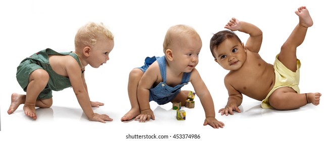 Multiethnic Babies Dancing On Light Background