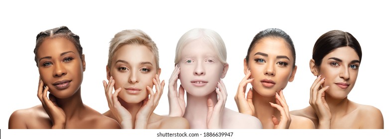 Multi-ethnic beauty. Different ethnicity, beautiful young women with heterochromia on white background. Flyer for ad. Concept of beauty, fashion, healthcare, skincare. Interracial and multiculturalism - Powered by Shutterstock