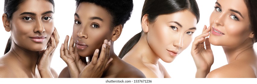 Beleza multiétnica. Mulheres de etnia diferente - caucasianas, africanas, asiáticas e indianas.