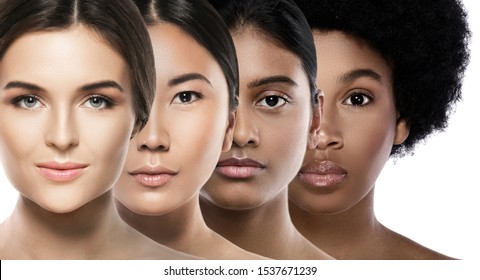 Beleza multiétnica. Mulheres de etnia diferente - caucasianas, africanas, asiáticas e indianas.
