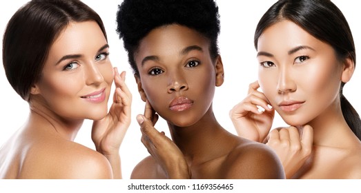 Multi-Ethnic beauty or interracial friendship. Different ethnicity women - Caucasian, African, Asian on white background