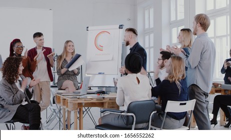 Multiethnic Business People Clap To Middle Aged Boss Businessman After Seminar At Modern Office, Slow Motion RED EPIC.