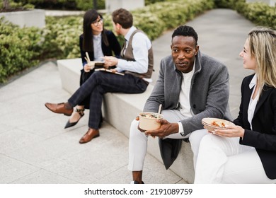 Multiethnic Business People Doing Lunch Break Outdoor From Office Building - 