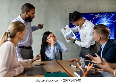 Multiethnic Business Team Having Conflicts At Work, Shouting At Unhappy Asian Female Employee, Multicultural Coworkers Having Communication Problem, Blaming Young Businesswoman For Project Failure