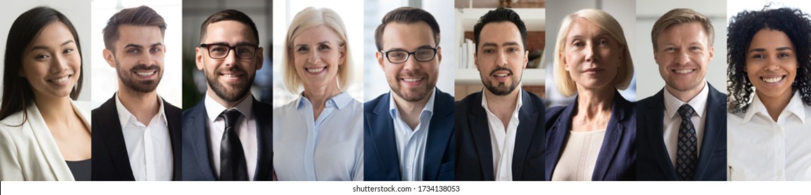 Multiethnic different young and old business people executives group headshots portraits collage. Happy diverse ethnicity professionals team faces montage. Horizontal banner for website header design
