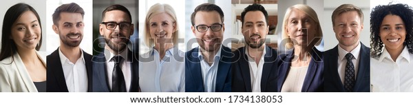 Multiethnic different young and old business\
people executives group headshots portraits collage. Happy diverse\
ethnicity professionals team faces montage. Horizontal banner for\
website header\
design