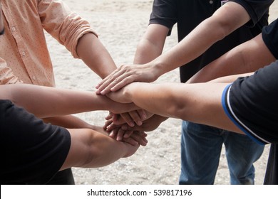 Multiethnic Ethnic Business people Putting Hand Volunteer Friendship Together,Friends with stack of hands showing unity and trust worthy Partnership Teamwork.team Collaborate working with competitors - Shutterstock ID 539817196