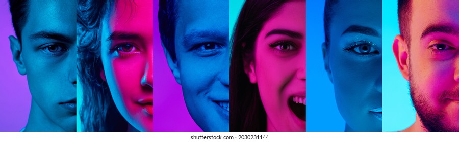 Multiethnic friends. Cropped portraits of people on multicolored background in neon light. Collage made of half of faces of male and female models. Concept of emotions, media, sales, advertising.