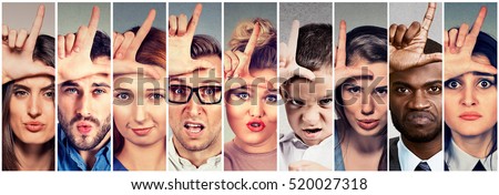 Multiethnic group of angry bully people men and women giving loser sign on forehead, looking at you with digest on face. Negative attitude concept 