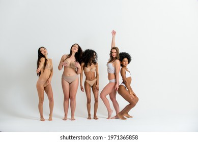 Multi-ethnic Group Of Beautiful Women Posing In Underwear In A Beauty Studio - Multicultural Fashion Models Showing Their Beautiful Bodies As They Are, Concepts About Beauty, Acceptance And Diversity