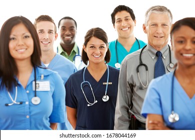 Multi-ethnic Group Of Doctors, Physicians, And Nurses, Both Male And Female.  Isolated On A White Background.