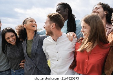 Multiethnic Group Of Friends Having Fun Together Outdoor - Millenial Friends Laughing Together Outside