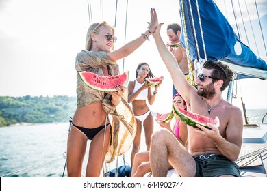 Multiethnic Group Of Friends Sailing On A Boat - Summer Holidays, Young Adults Having Fun