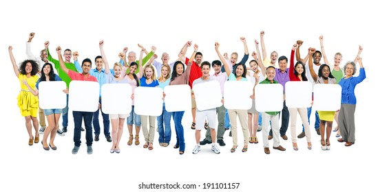 Multi-ethnic group of people holding 10 empty placards. - Shutterstock ID 191101157