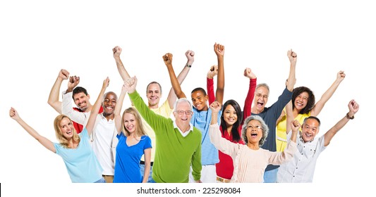 Multi-Ethnic Group Of People Raising Their Arms And Expressing Positivity - Shutterstock ID 225298084