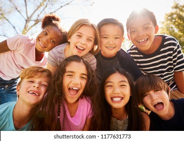 Multi-ethnic group of schoolchildren on school trip, smiling