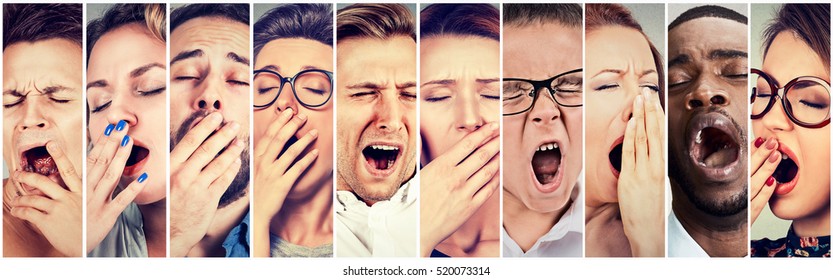 Multiethnic group of sleepy people women and men with wide open mouth yawning eyes closed looking bored. Lack of sleep laziness concept 