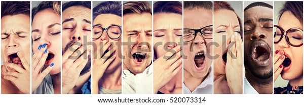 Multiethnic group of sleepy people women and men with\
wide open mouth yawning eyes closed looking bored. Lack of sleep\
laziness concept 