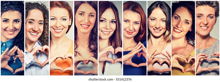 Multiethnic Group Of Smiling Cheerful Happy Women Making Heart Sign With Hands