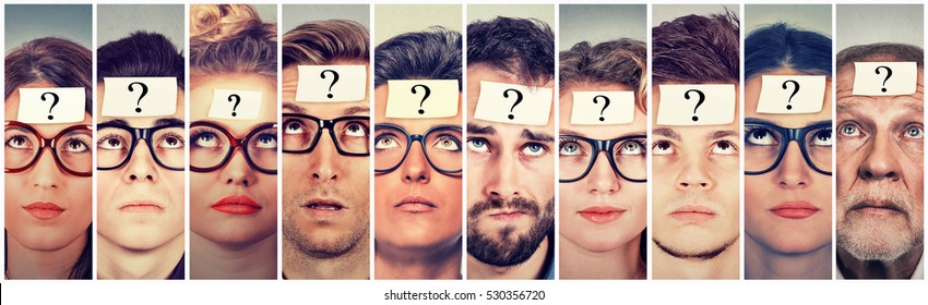 Multiethnic Group Of Thinking People With Question Mark Looking Up