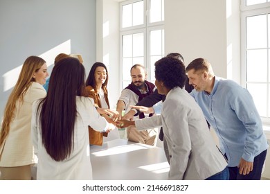 Multi-ethnic group of young business people putting hands in one together over desktop in nice light office, wearing formal clothes. Concept of successful team-building loyalty, cooperation
