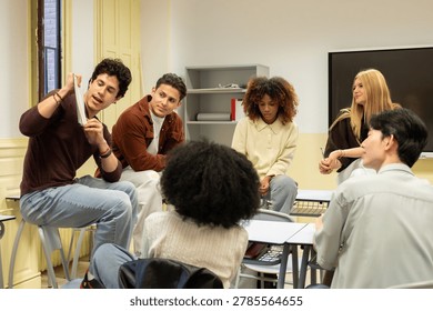 Multiethnic high school students working together, learning, and conversing in a modern classroom setting
