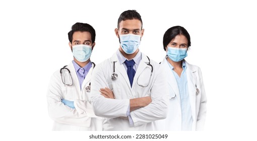 Multiethnic Medical Team In Uniform Standing Isolated Over White Background, Collage Of Multicultural Doctors Wearing Protective Masks, Healthcare Workers In Coronavirus Covid-19 Pandemic, Copy Space - Powered by Shutterstock