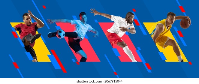 Multiethnic men, professional basketball and football players in action isolated on bright colorful geometric background. Concept of team sport, competition, motion, leader, ad, show. Poster, pattern - Shutterstock ID 2067915044